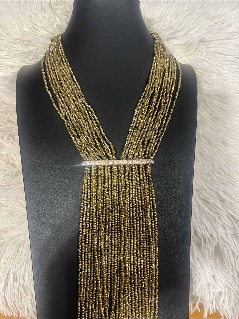 Multi-Strand Gold Seed Bead Statement Necklace with Rhinestone Slide - Picture 2 of 3